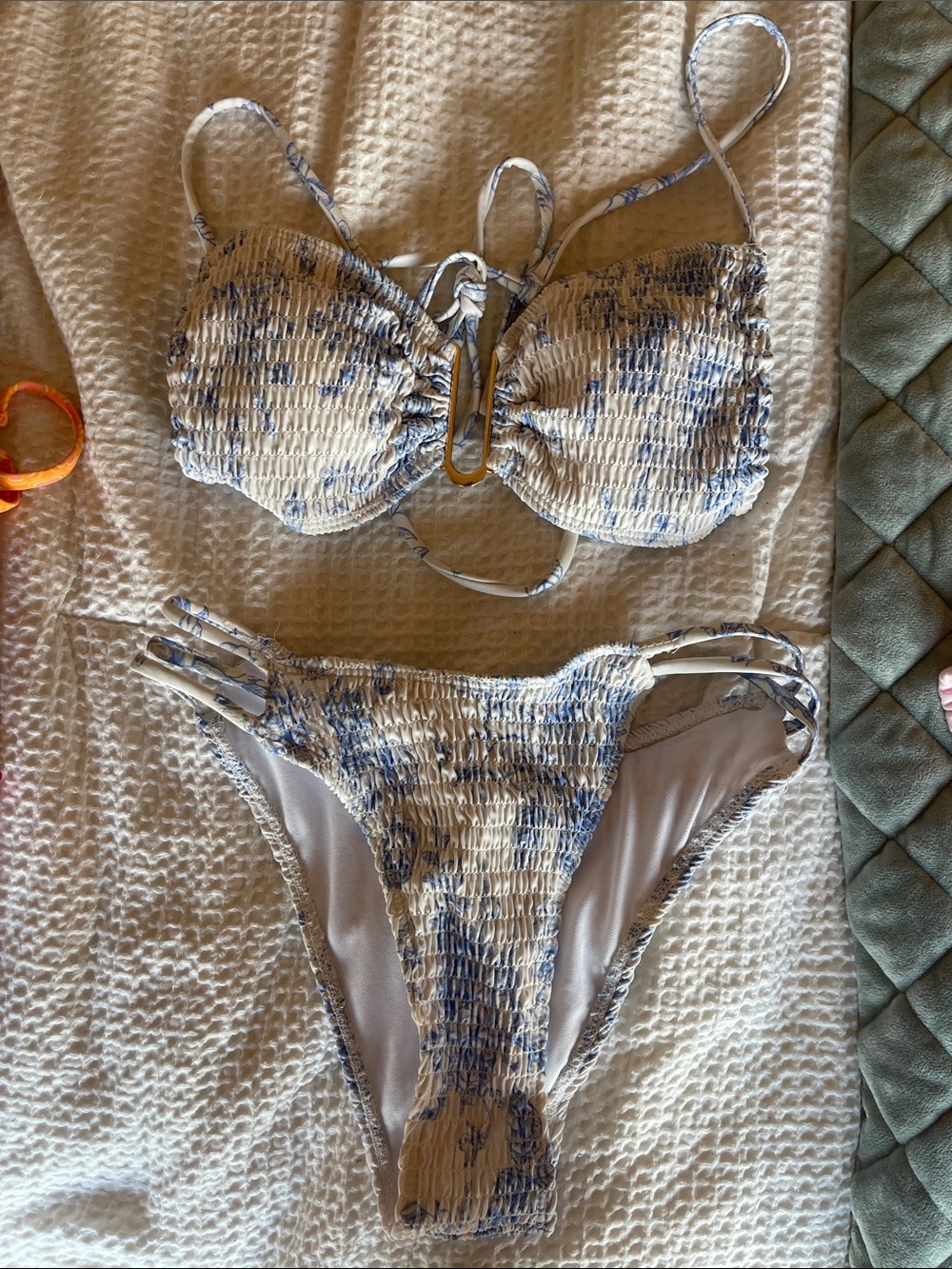 Smocked Blue & Cream Two-Piece Bikini Set